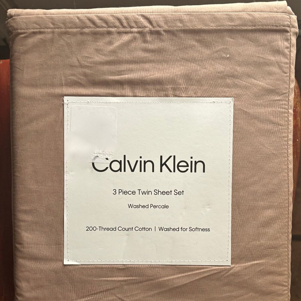 Calvin Klein Washed Percale Cotton TWIN Size Sheet Set COLOR: CAMEL